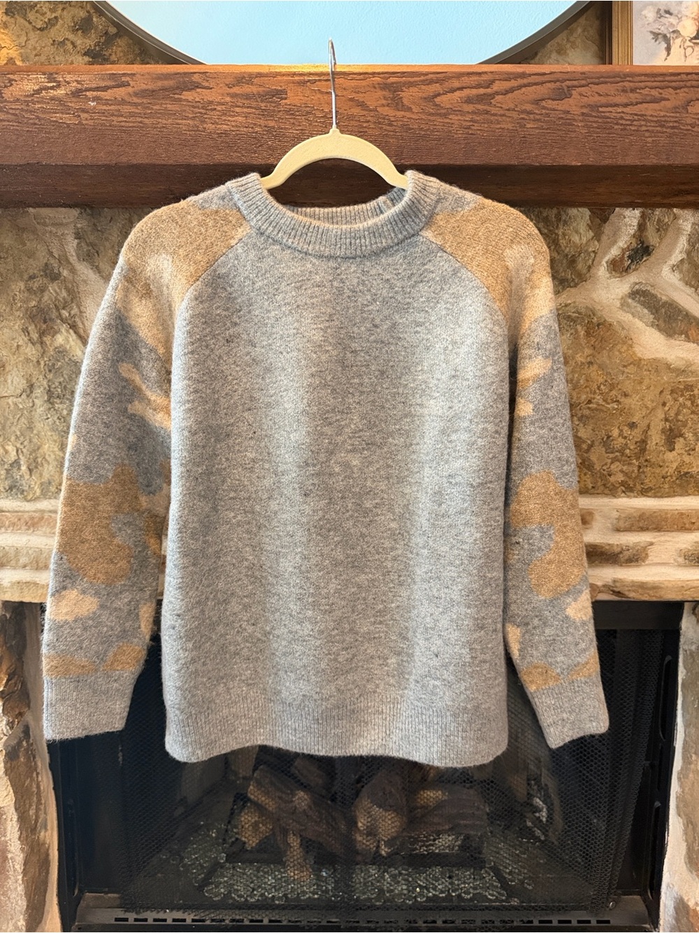 THML Women's Crewneck Sweater in Light Gray with Tan Accents